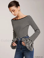 Striped Ruffle-Sleeve Knit Top