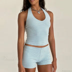 Stripes Print Sleeveless V Neck Halter Crop Low Waist Shorts Two Pieces Set