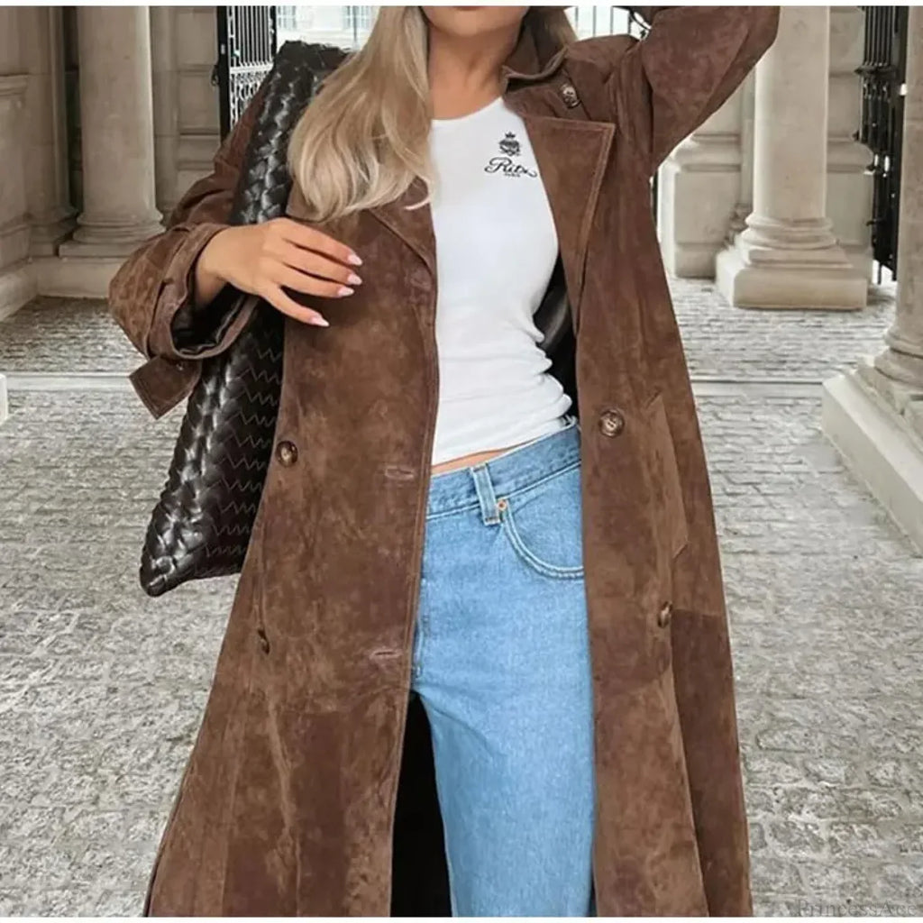 Suede Leather Chocolate Belted Overcoat