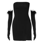 Feather Glove Strapless Party Mini Dress - Black