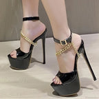 Summer 16CM Super-High Platform Sandals Open-Toe Chain Ankle-Strap Ladies Party Stripper High Heel