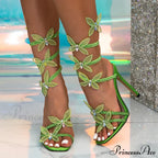 Summer Fashion Crystal Butterfly Ankle Strap Sandals - Green High Heels - Size 42