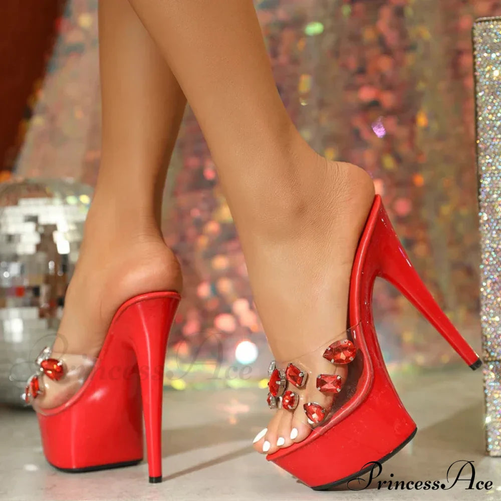 Summer Fashion Diamond Rivet Women Platform High Heels Slippers Transparent Sandal Open Toe Party Prom Shoes