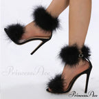 Summer Fashion Faux Fur Ankle Strap Sandals - Women's Open Toe Fluffy Feather High Heels - Party Dress Shoes Sandalias De Mujer