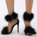 Summer Fashion Faux Fur Ankle Strap Sandals - Women's Open Toe Fluffy Feather High Heels - Party Dress Shoes Sandalias De Mujer