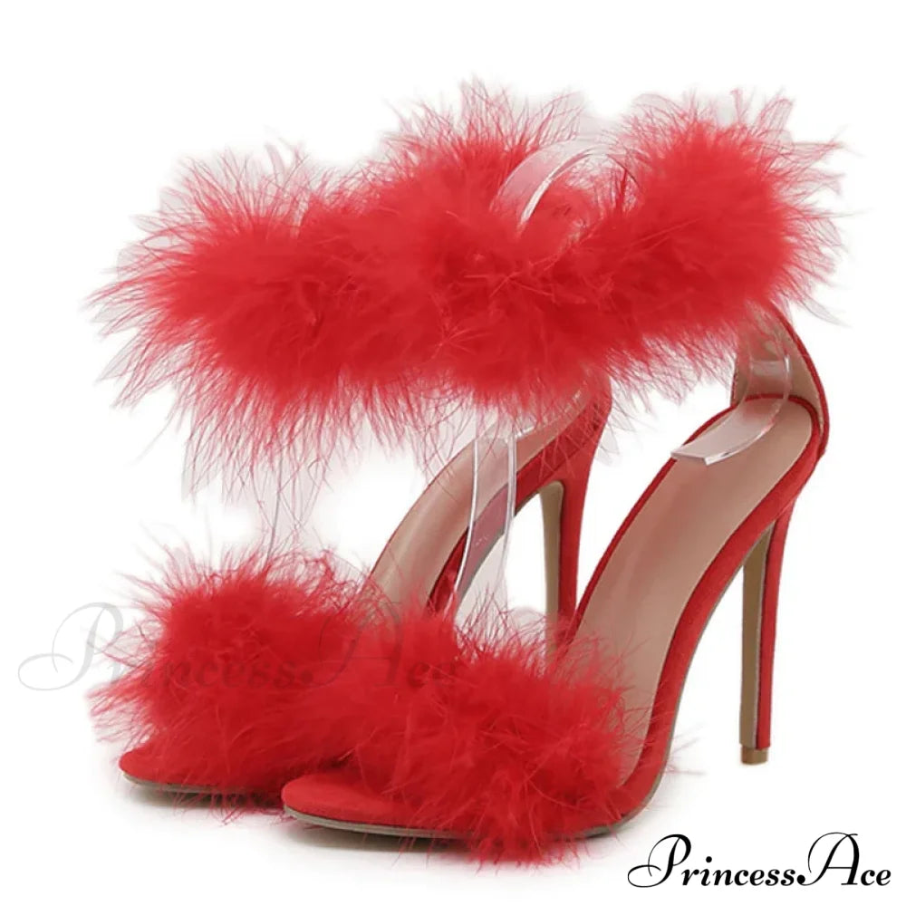 Summer Fashion Faux Fur Ankle Strap Sandals - Women's Open Toe Fluffy Feather High Heels - Party Dress Shoes Sandalias De Mujer