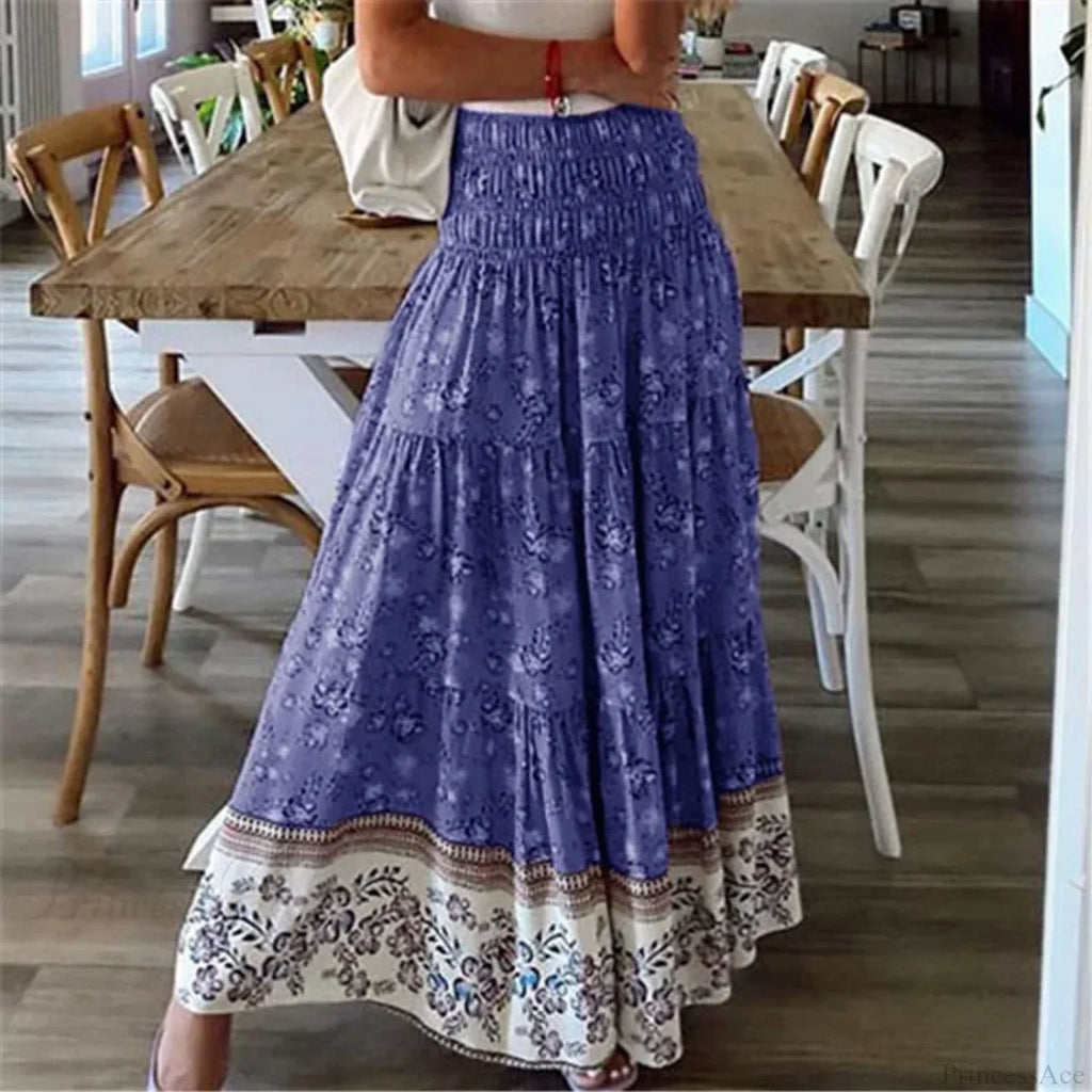 Summer New Women's Printing Skirt Elastic High Waist Pleated Boho