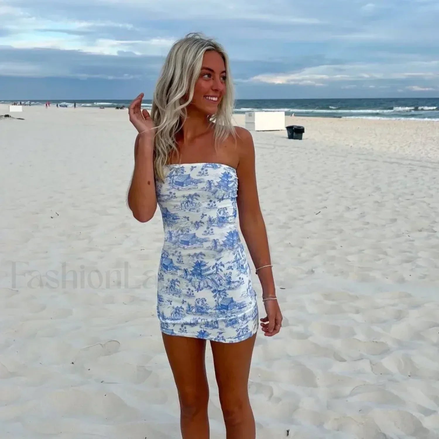 Blue Printed Tube Mini Dress