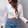Summer Puff Long Sleeve Cropped Lace-up Blouse