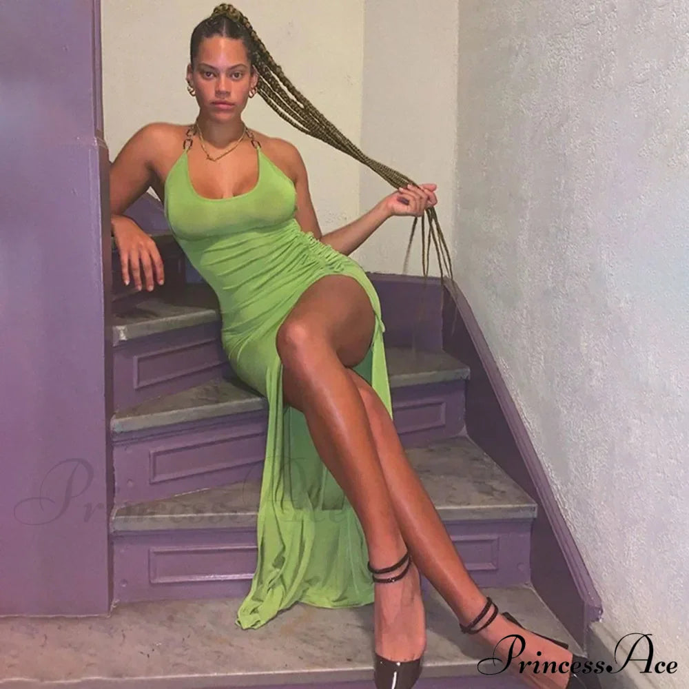Summer Split Backless Drawstring Ruched Sleeveless Halter Women's Midi Dress