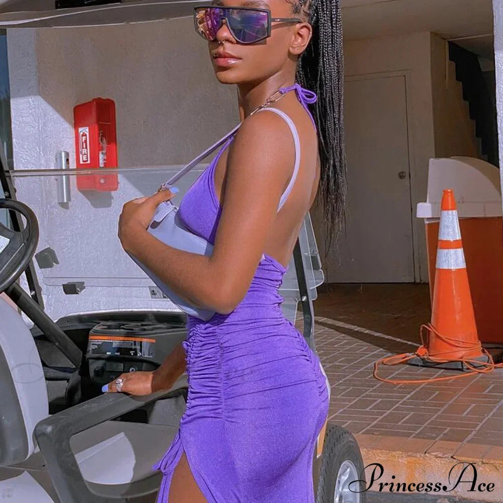 Summer Split Backless Drawstring Ruched Sleeveless Halter Women's Midi Dress