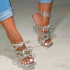 Summer Stiletto Sandals Square Toe Crystal Chain AnkleBuckle Strap Thin High Heel Club Party Wedding High Heel
