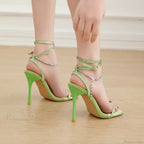 Summer Stiletto Sandals Square Toe Crystal Chain AnkleBuckle Strap Thin High Heel Club Party Wedding High Heel