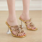 Summer Stiletto Sandals Square Toe Crystal Chain AnkleBuckle Strap Thin High Heel Club Party Wedding High Heel