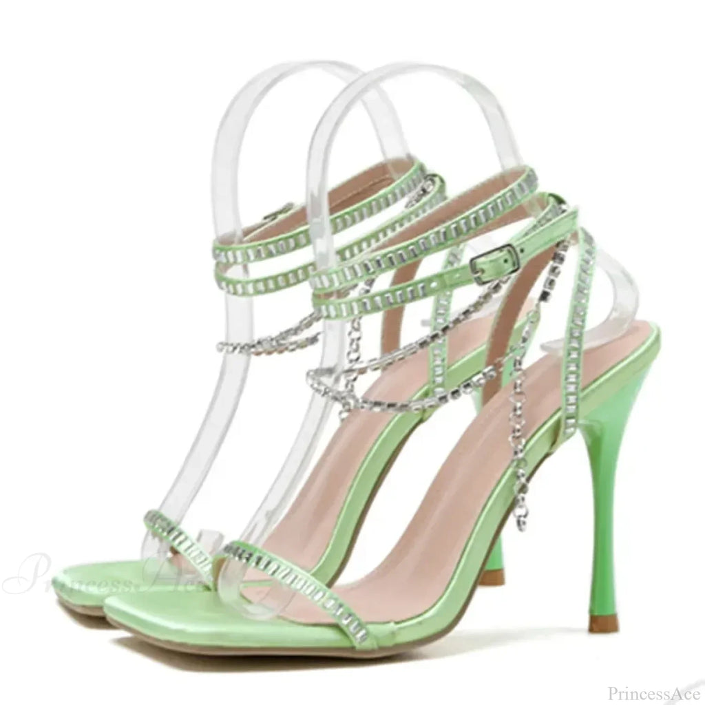 Summer Stiletto Sandals Square Toe Crystal Chain AnkleBuckle Strap Thin High Heel Club Party Wedding High Heel