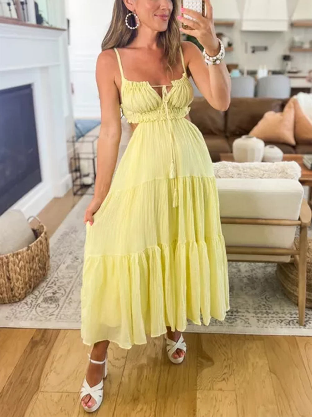 Tiered Spaghetti Strap Tie Front Waist Cut Out Maxi Dress