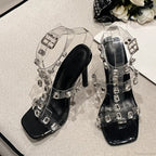 SummerFashion Crystal Diamond Rivet Pvc Transparent Sandals Square-Toe Stripper High-Heels Wedding High Heel