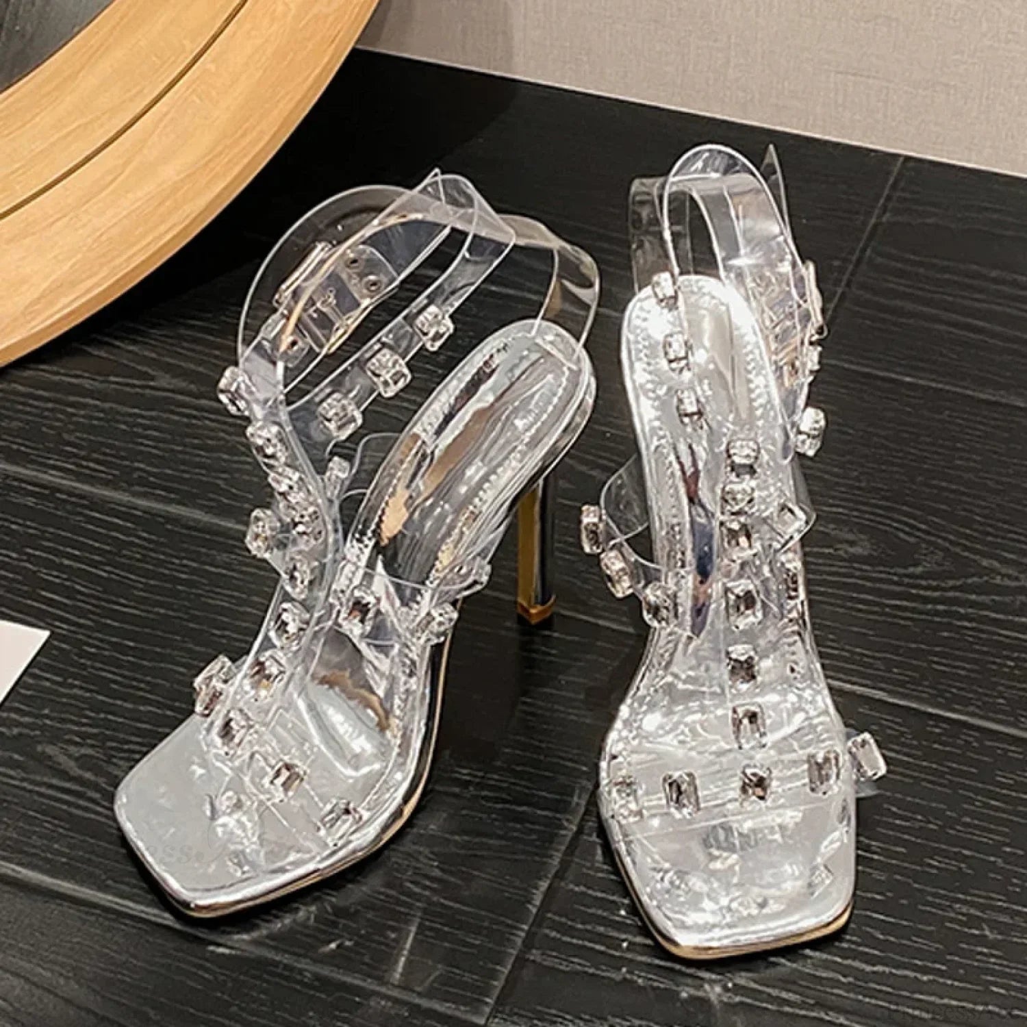 SummerFashion Crystal Diamond Rivet Pvc Transparent Sandals Square-Toe Stripper High-Heels Wedding High Heel