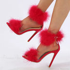 SummerFashion Faux-Fur Ankle-Strap Sandals Open-Toe Fluffy-Feather High-Heels Party Dress Women Sandals High Heel