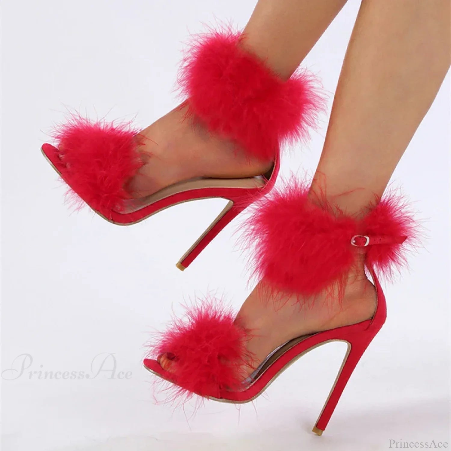 SummerFashion Faux-Fur Ankle-Strap Sandals Open-Toe Fluffy-Feather High-Heels Party Dress Women Sandals High Heel