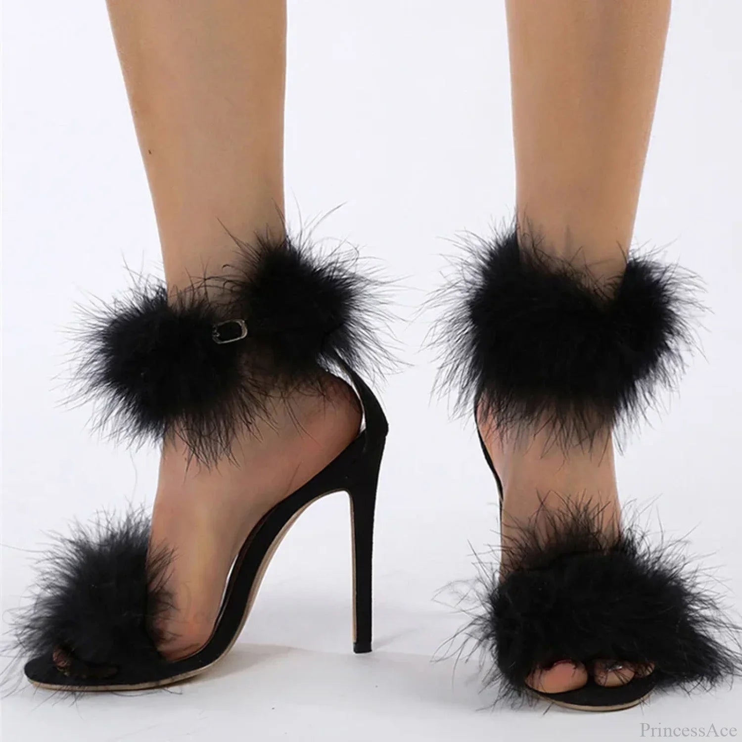 SummerFashion Faux-Fur Ankle-Strap Sandals Open-Toe Fluffy-Feather High-Heels Party Dress Women Sandals High Heel