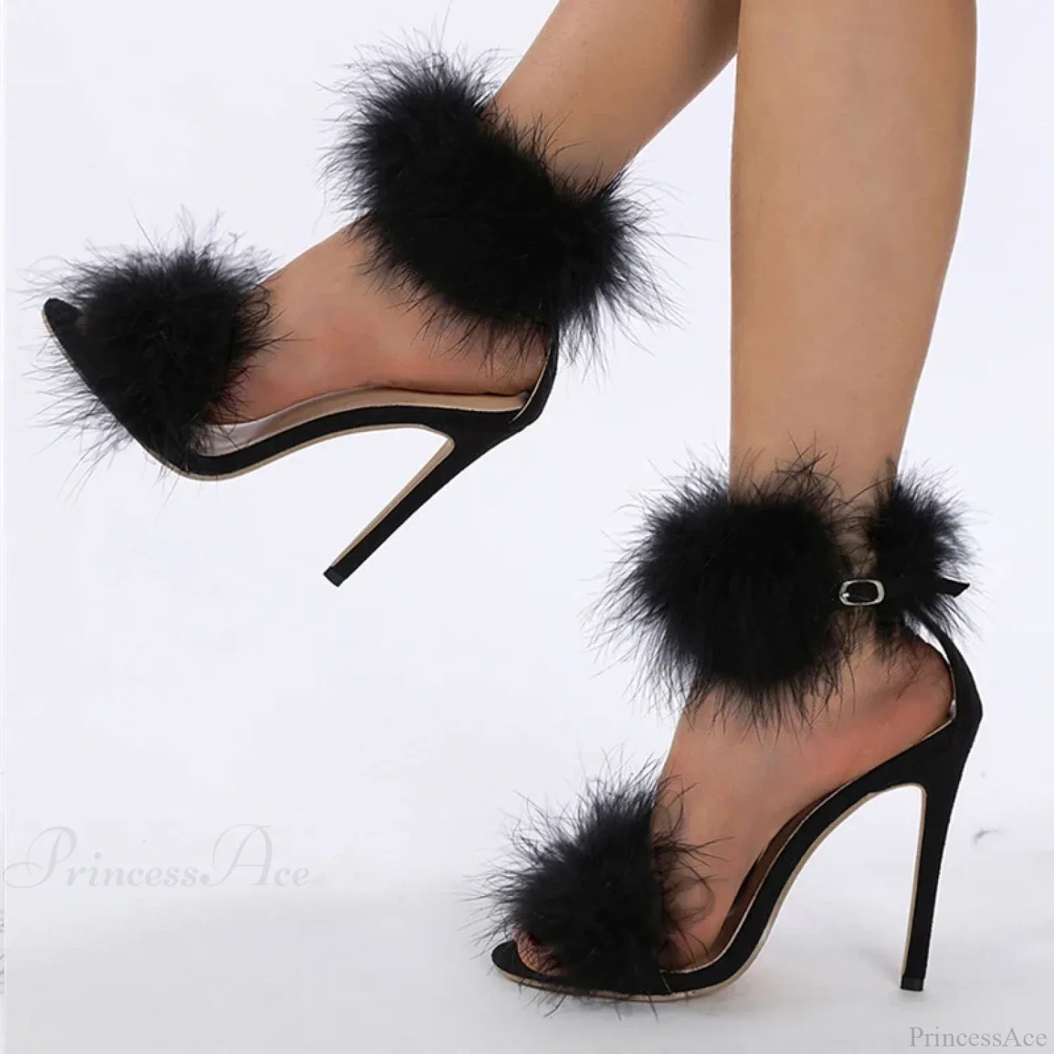 SummerFashion Faux-Fur Ankle-Strap Sandals Open-Toe Fluffy-Feather High-Heels Party Dress Women Sandals High Heel