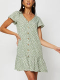 V-neck Single Breasted  Printed Dress
