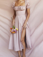 Back Bubble Sleeve Split Dress