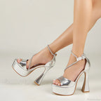 Super-High Rhinestone Ankle-Strap Open-Toe Wedding Party RunwayFashion Platform Pumps High Heel