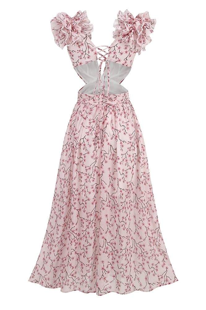 Xenia Minimalist Maxi Dress with Floral Pattern and Cut Outs Statement Occasion Edit