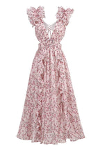 Xenia Minimalist Maxi Dress with Floral Pattern and Cut Outs Statement Occasion Edit