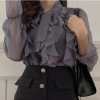 Sweet Bow Chiffon Casual Long Sleeve Blouse