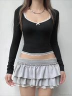 Sweet Lace Trim Cropped Square Collar Long Sleeve Knit Top