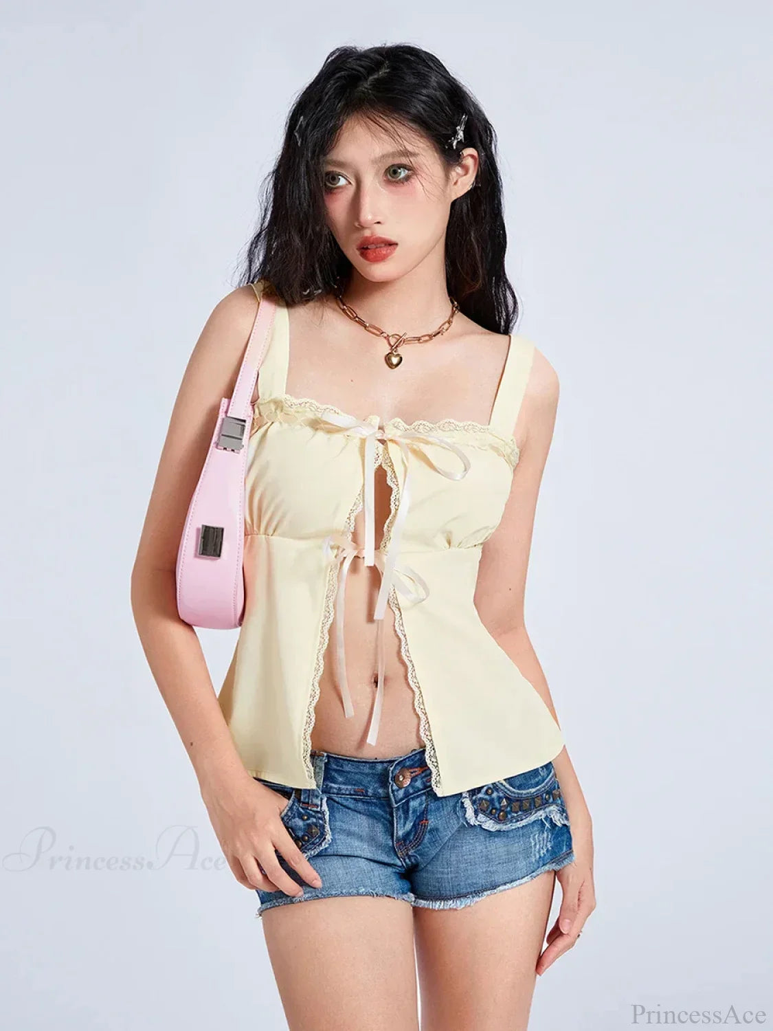 Sweet Lace Trim Tie-up Square Neck Slit Tank Vest