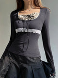 Sweet Patchwork Lace Trim Slim Bow O-Neck Knit Top