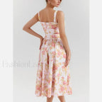 Sweet Pink Flower Print Tank Dress Cross Ribbon Eyelet Floral Dress