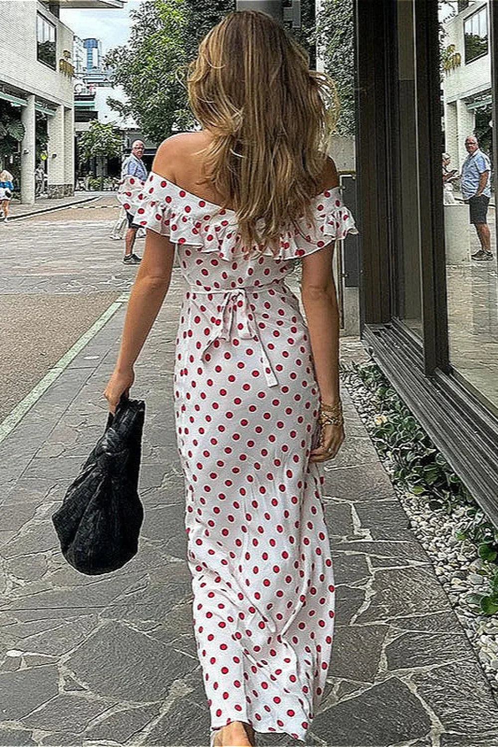 White Ruffle Trim Spaghetti Strap Polka Dot Maxi Dress