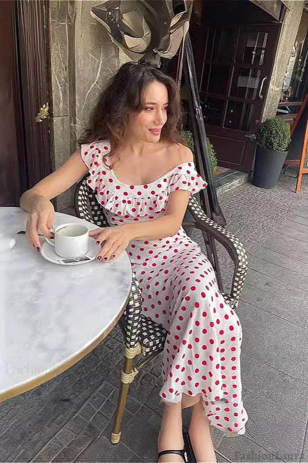 White Ruffle Trim Spaghetti Strap Polka Dot Maxi Dress