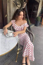 White Ruffle Trim Spaghetti Strap Polka Dot Maxi Dress