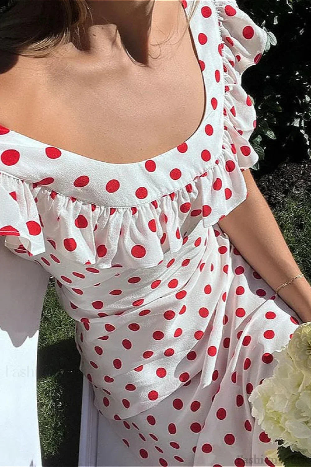 White Ruffle Trim Spaghetti Strap Polka Dot Maxi Dress