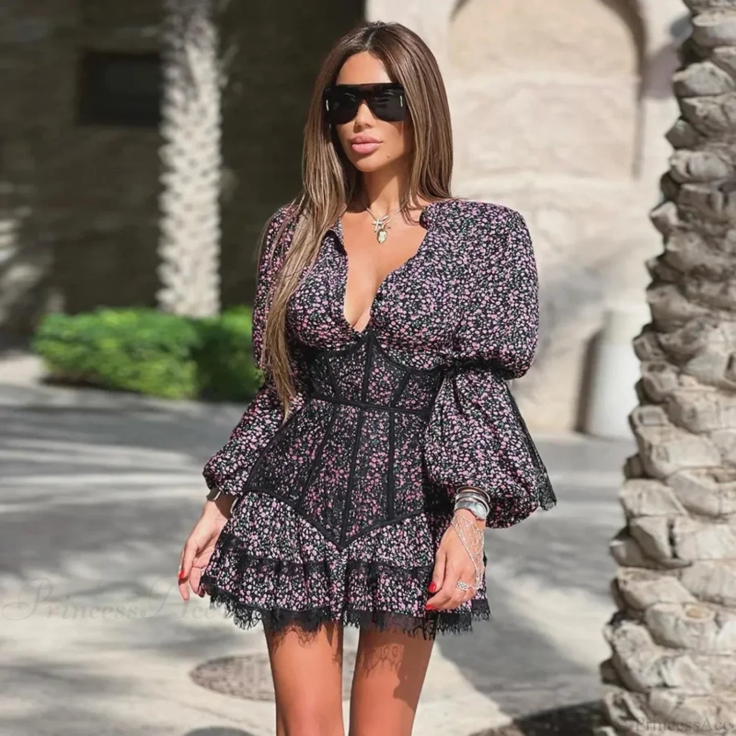 Sweet Small Fresh Print Waist Short Lace Floral Dress