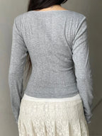 Sweet Solid Bow Slim Square Collar Long Sleeve Knit Top