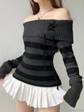 Sweet Striped Bandage Knitted Slash Neck Long Sleeve Pullover Sweater
