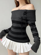 Sweet Striped Bandage Knitted Slash Neck Long Sleeve Pullover Sweater