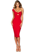 Sweetheart One Shoulder Bodycon Midi Cocktail Party Dress - Red