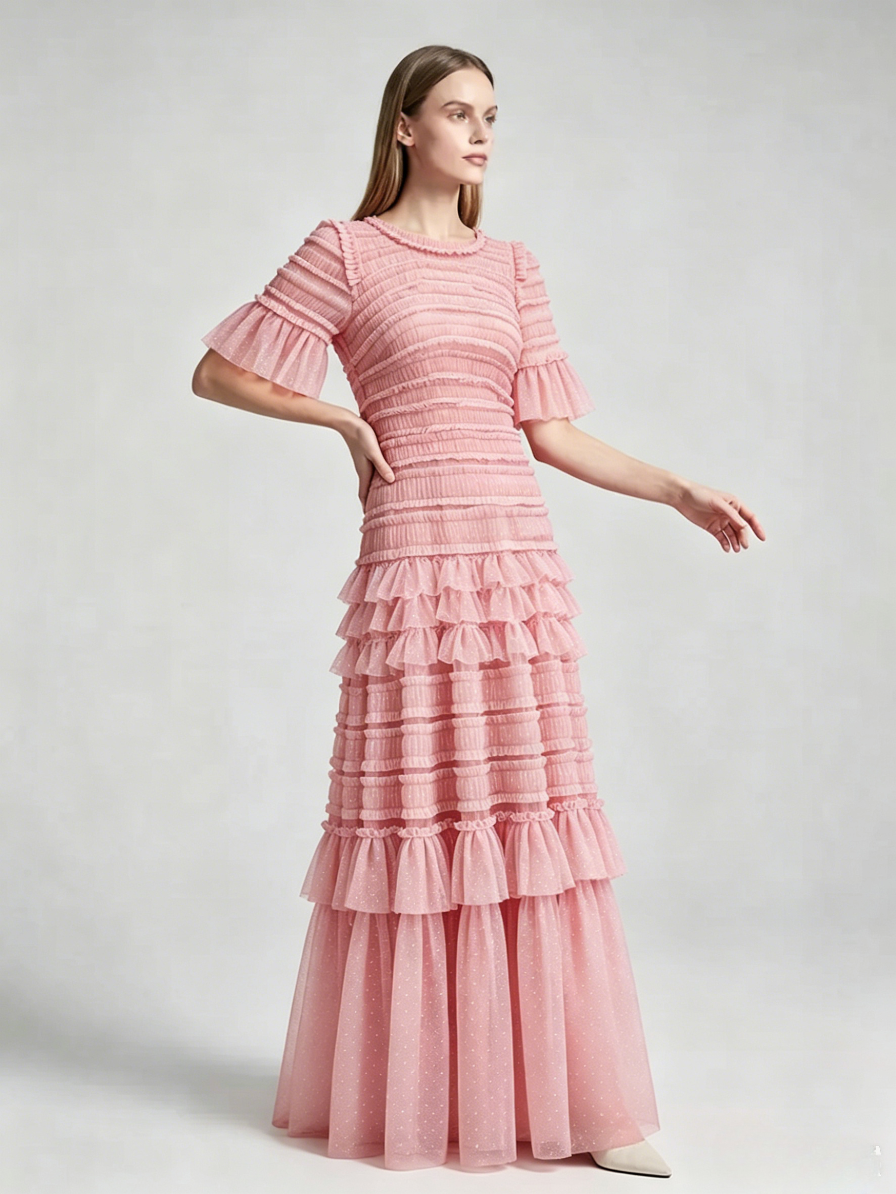 Date Night Dresses Maxi Layered Pleated Short Sleeves Jewel Neck Elegant Pink Dress