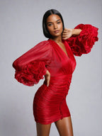Metallic Wrap V-Neck Ruched Long Sleeve Rosette Cuff Bodycon Mini Dress