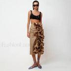 Taffeta Ruffle Midi Pencil Skirt