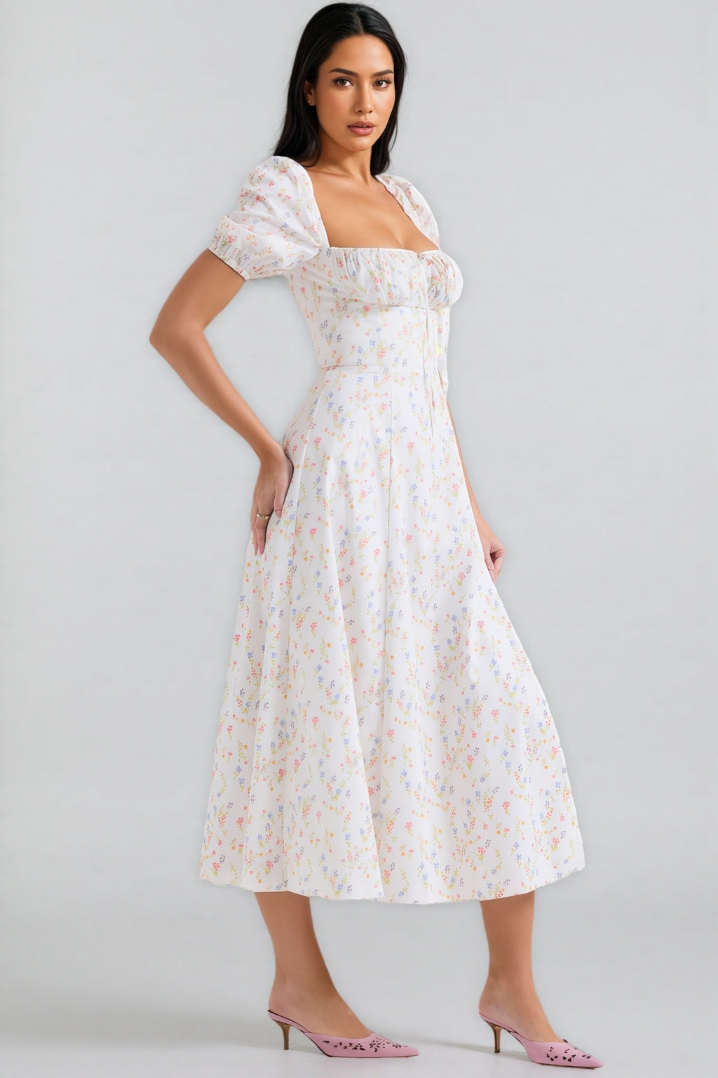 Arwen Print Cotton Puff Sleeve Midi Dress