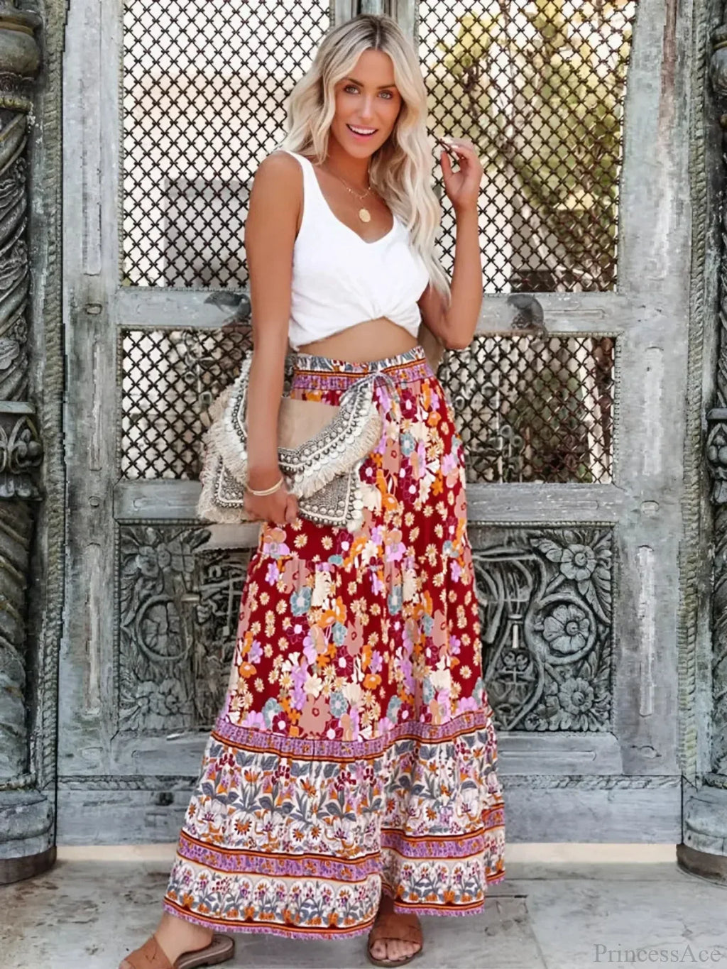 Tassel Elastic Waist Floral Printed Beach Boho Pleated Maxi Skirt